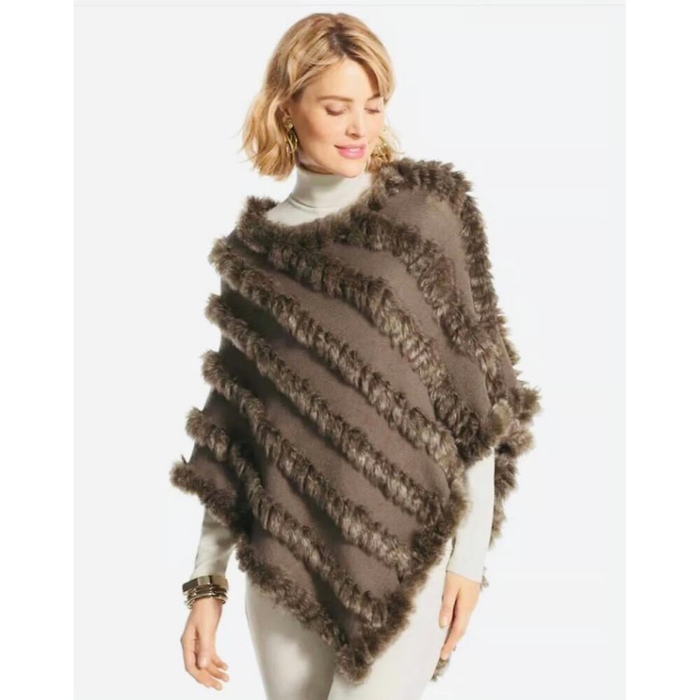 Chicos Womens Ivana Faux Fur Poncho‎ Size S/M Brown Asymmetrical Hem Layering